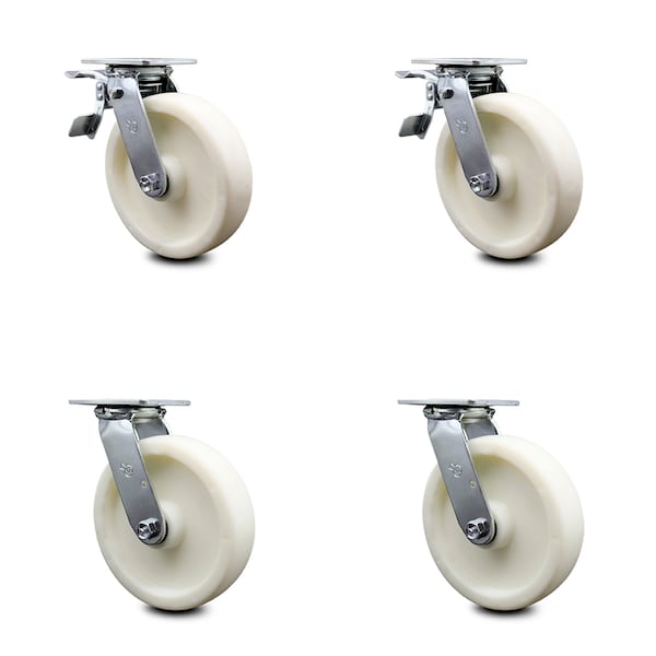 8 Inch Nylon Swivel Caster Set with Ball Bearing 2 Total Lock Brake SCC